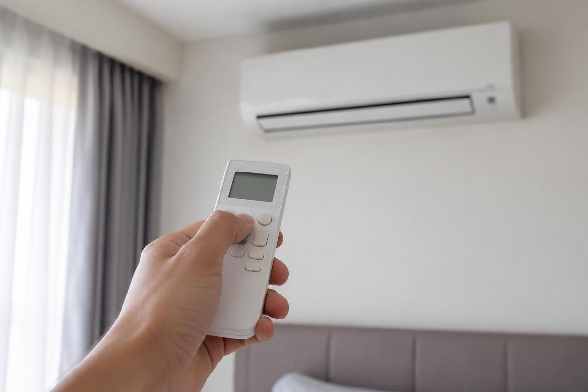 Controle remoto de ar-condicionado split sendo ajustado em ambiente residencial.