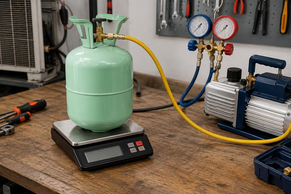 Cilindro de gás refrigerante inflamável sobre balança de precisão ao lado de manifold de carga.