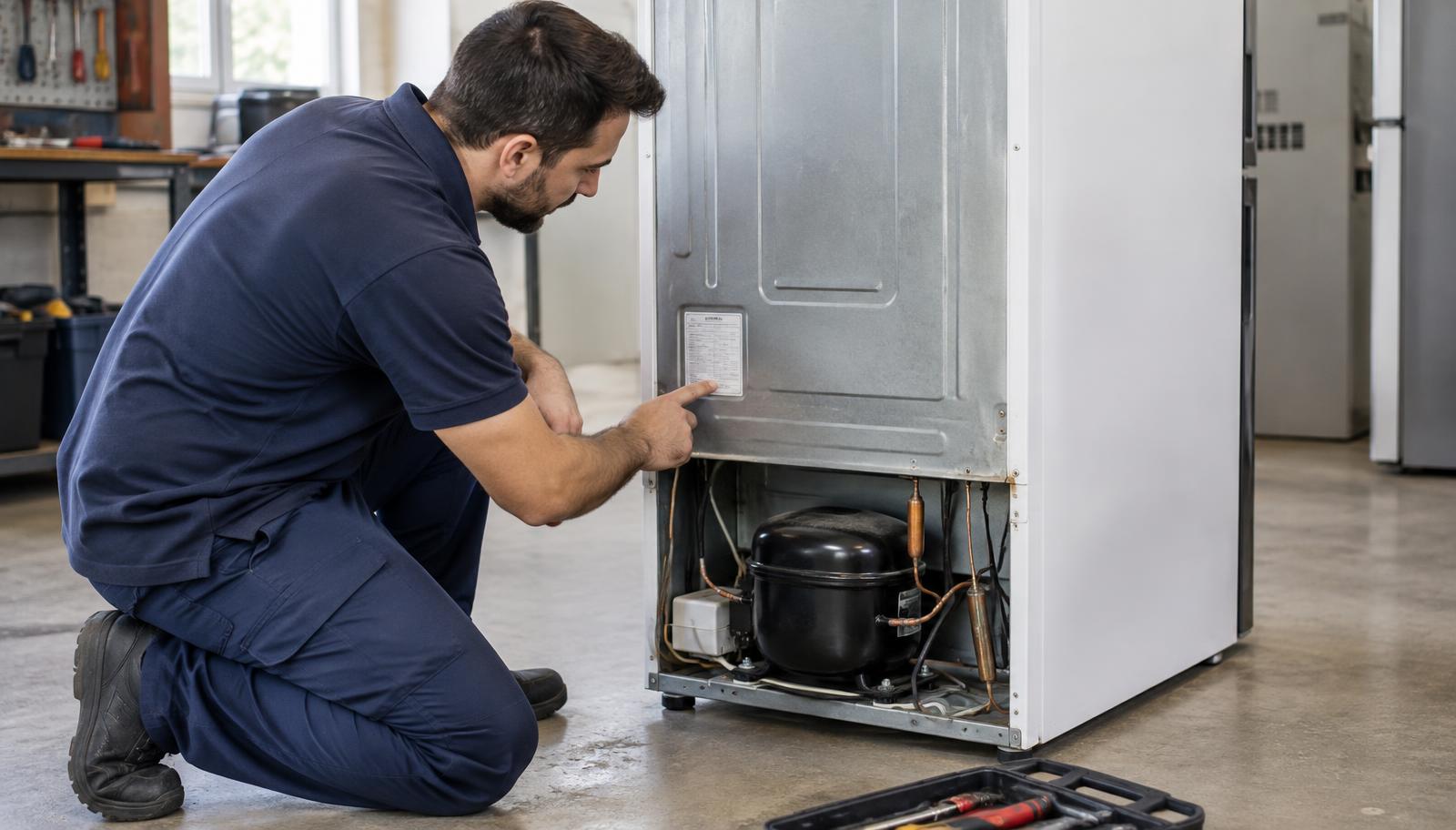 Compressor de geladeira com mangueiras de manifold conectadas para carga de gás refrigerante.