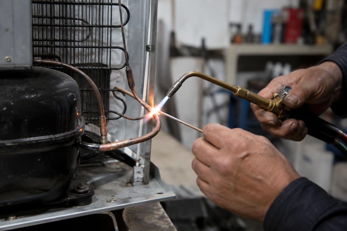 Técnico soldando com maçarico o tubo de cobre do sistema de refrigeração de uma geladeira.