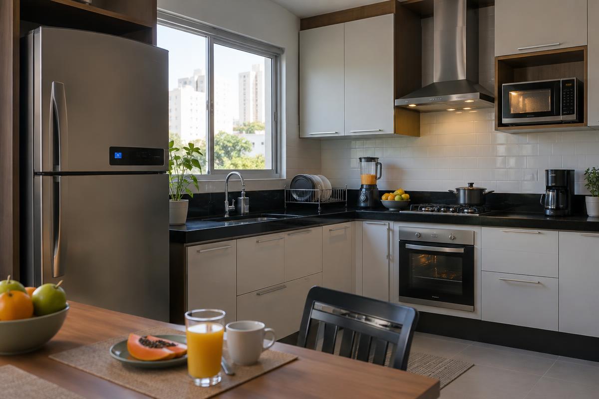 Micro-ondas em uso em cozinha residencial durante preparo de alimento.