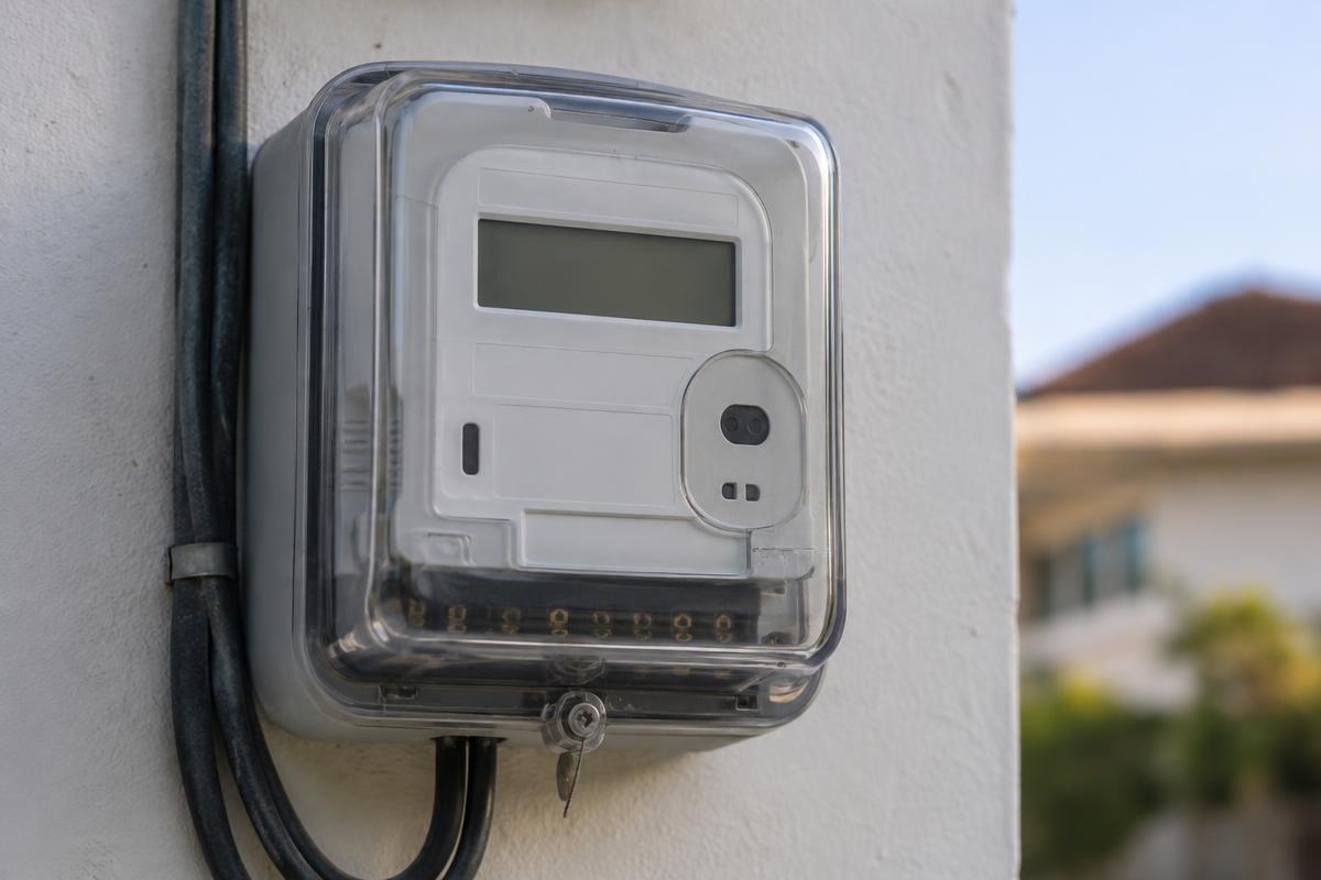 Medidor de energia conectado à tomada para medir consumo de eletrodoméstico.