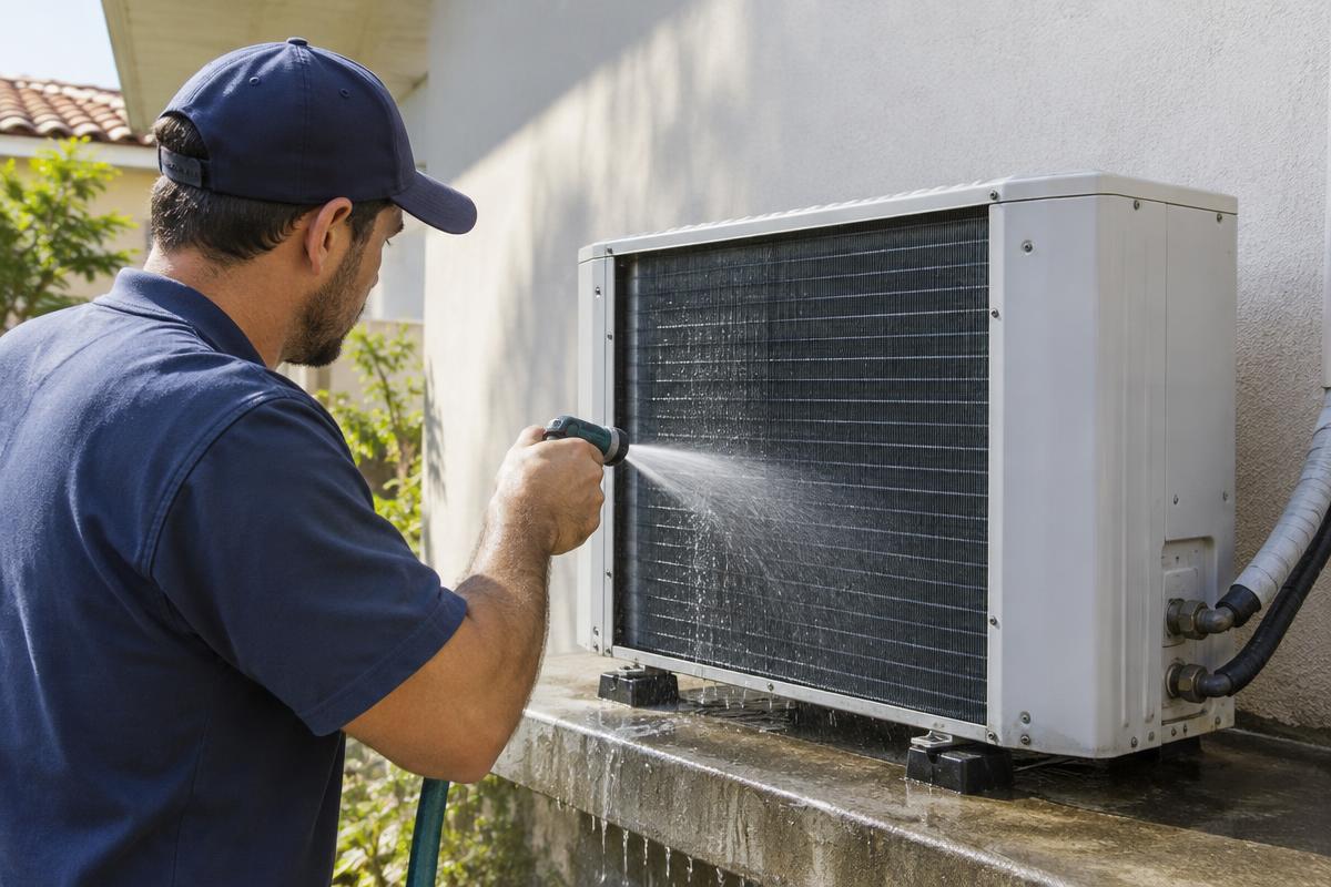 Técnico limpando serpentina de condensadora de ar-condicionado instalada em área externa.