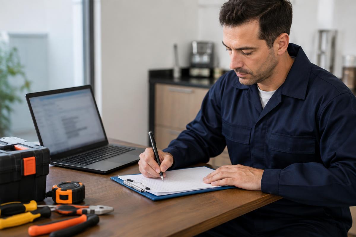 Técnico calculando custos e montando orçamento de serviço em notebook e planilha.