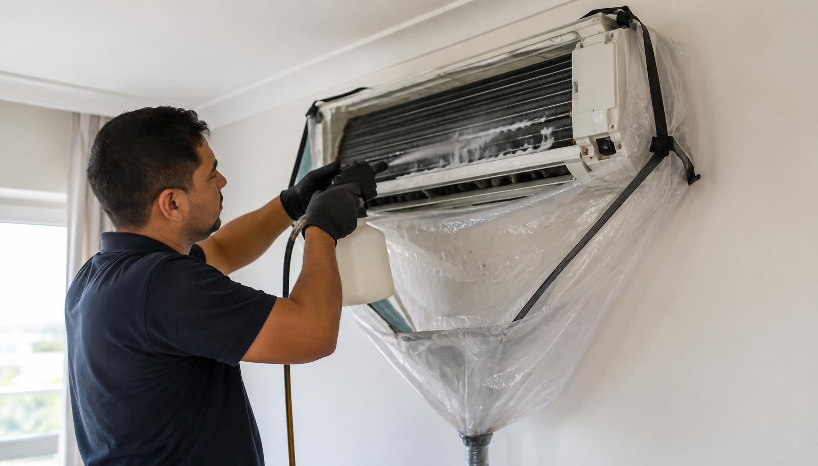 Técnico realizando limpeza de unidade evaporadora de ar-condicionado split em residência.