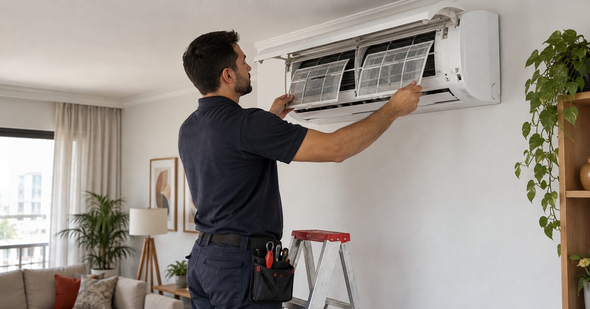 Técnico realizando manutenção preventiva em unidade evaporadora de ar-condicionado split residencial.