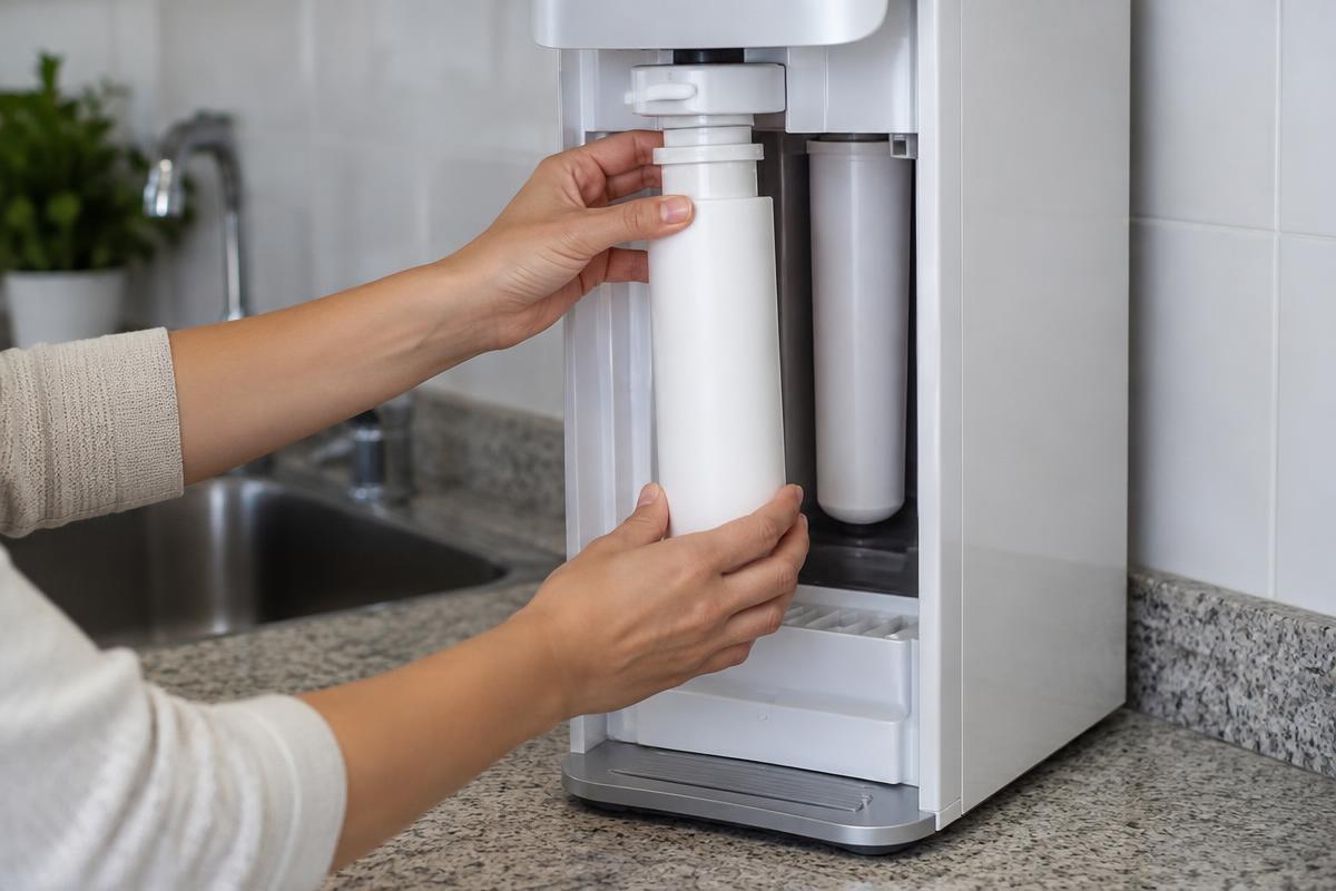 Compressor e componentes de sistema de refrigeração compacto sobre bancada de manutenção.