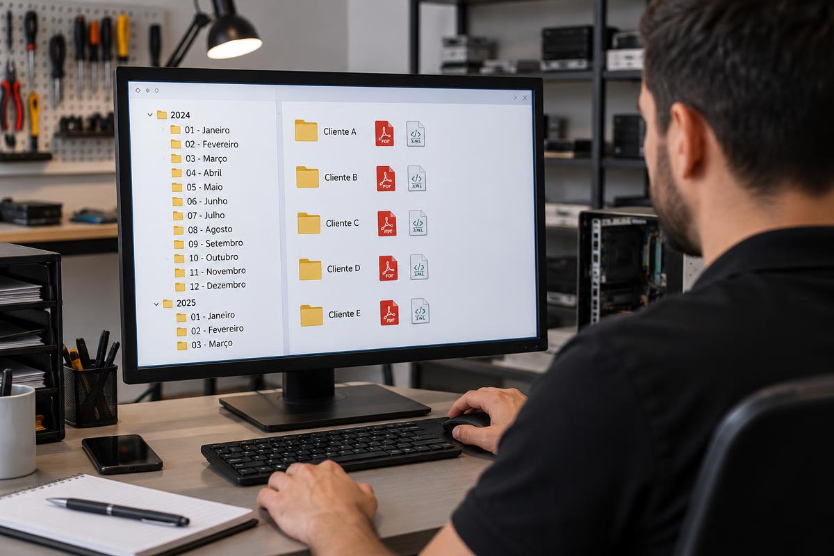 Pasta digital organizada com notas fiscais MEI salvas em PDF e XML por mês e cliente.