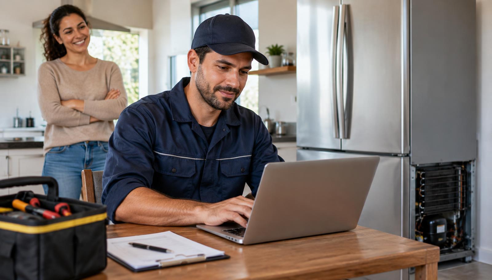 Técnico autônomo emitindo nota fiscal MEI no notebook ao lado de uma geladeira consertada em casa do cliente.
