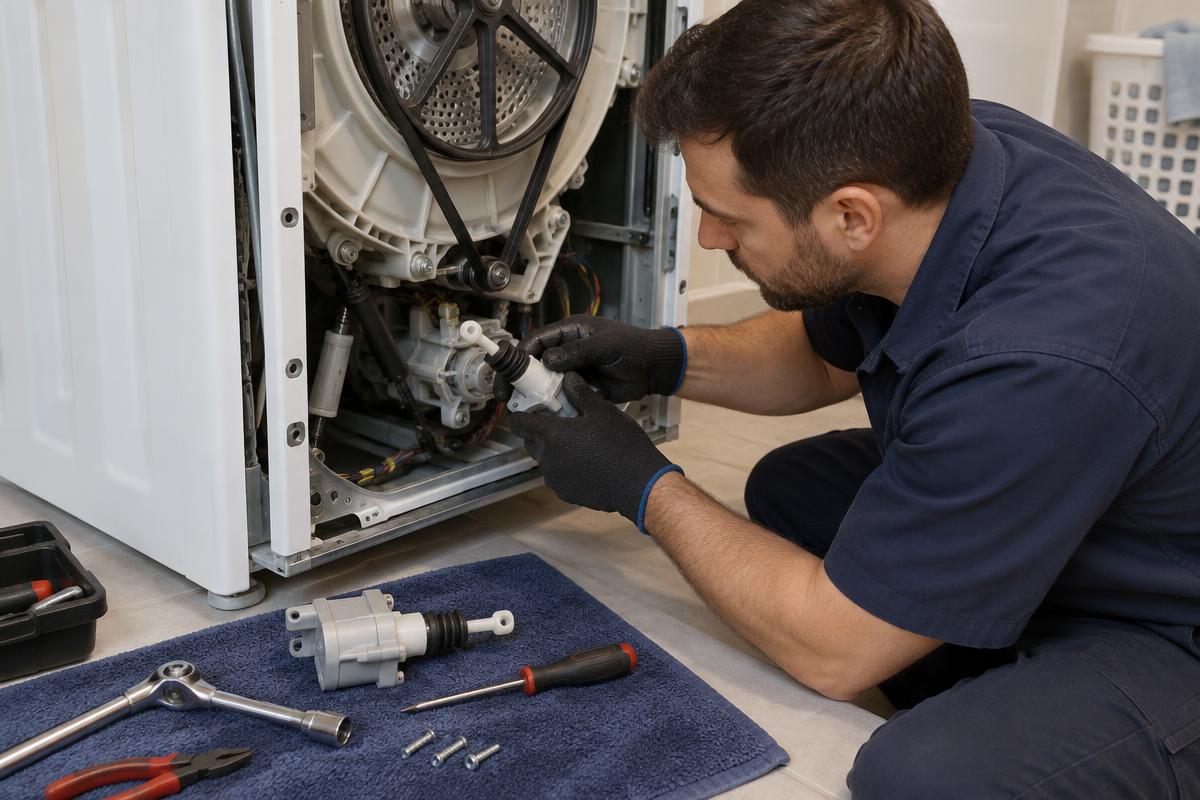 Técnico trocando atuador de freio em lavadora aberta, reparo simples e acessível.