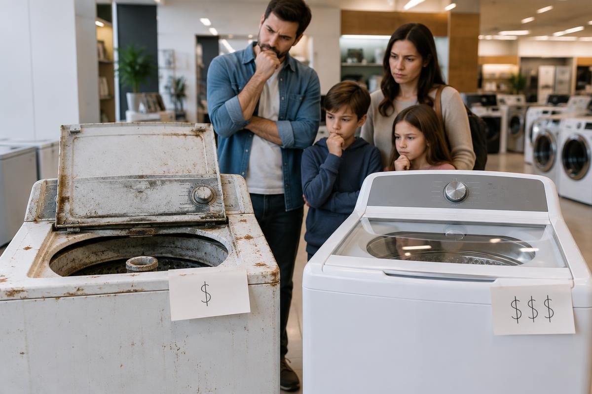 Comparação entre lavadora antiga com defeito grave e modelo novo em loja, com preços anotados em papel.
