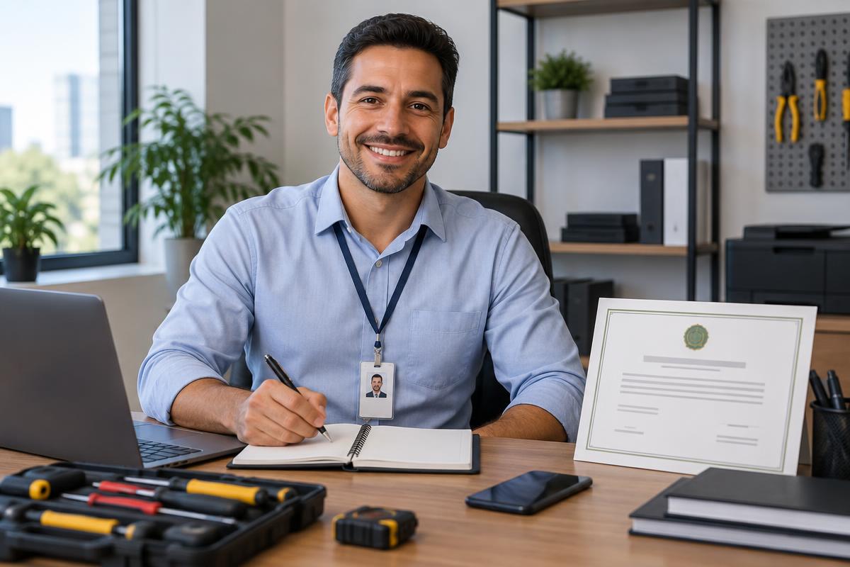 Técnico entregando recibo e nota fiscal em PDF para cliente após conserto de lavadora.