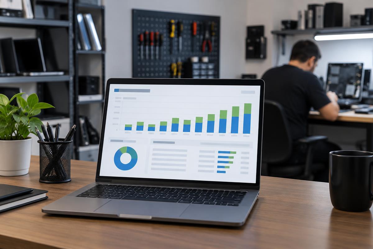 Relatório de faturamento mensal de técnico MEI com gráfico de serviços e peças.