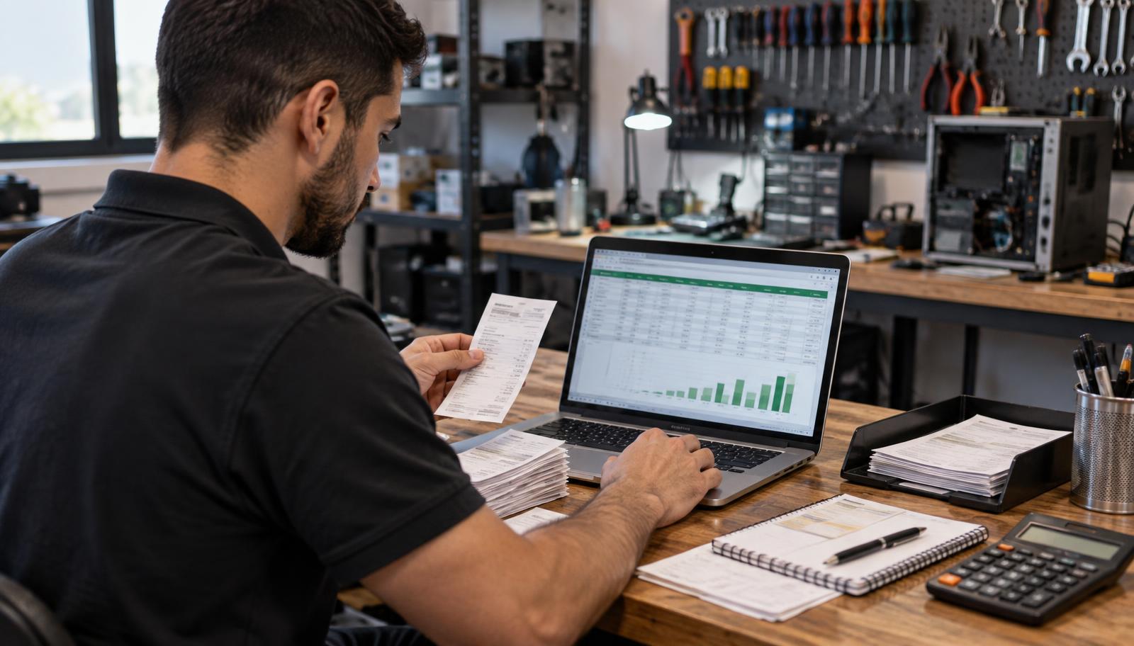 Técnico autônomo organizando notas fiscais MEI de serviços em um notebook na bancada da oficina.