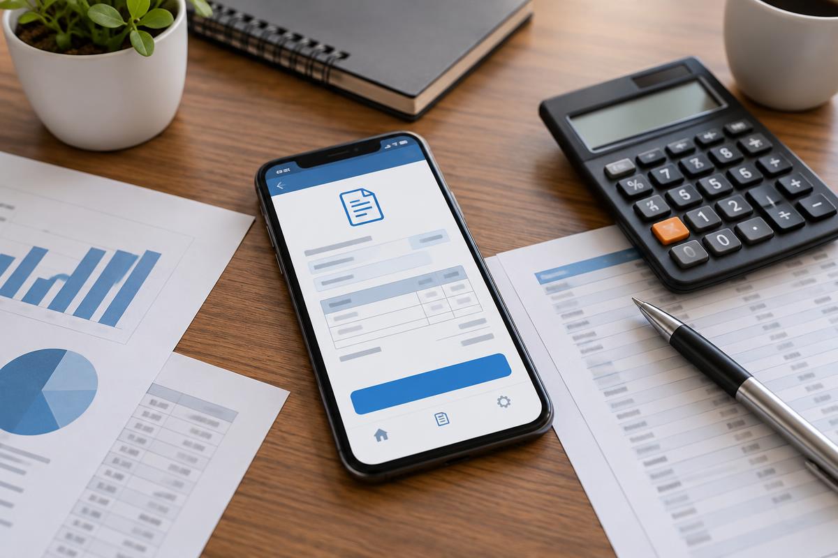 Smartphone mostrando aplicativo de emissão de nota fiscal MEI ao lado de documentos contábeis sobre uma mesa.