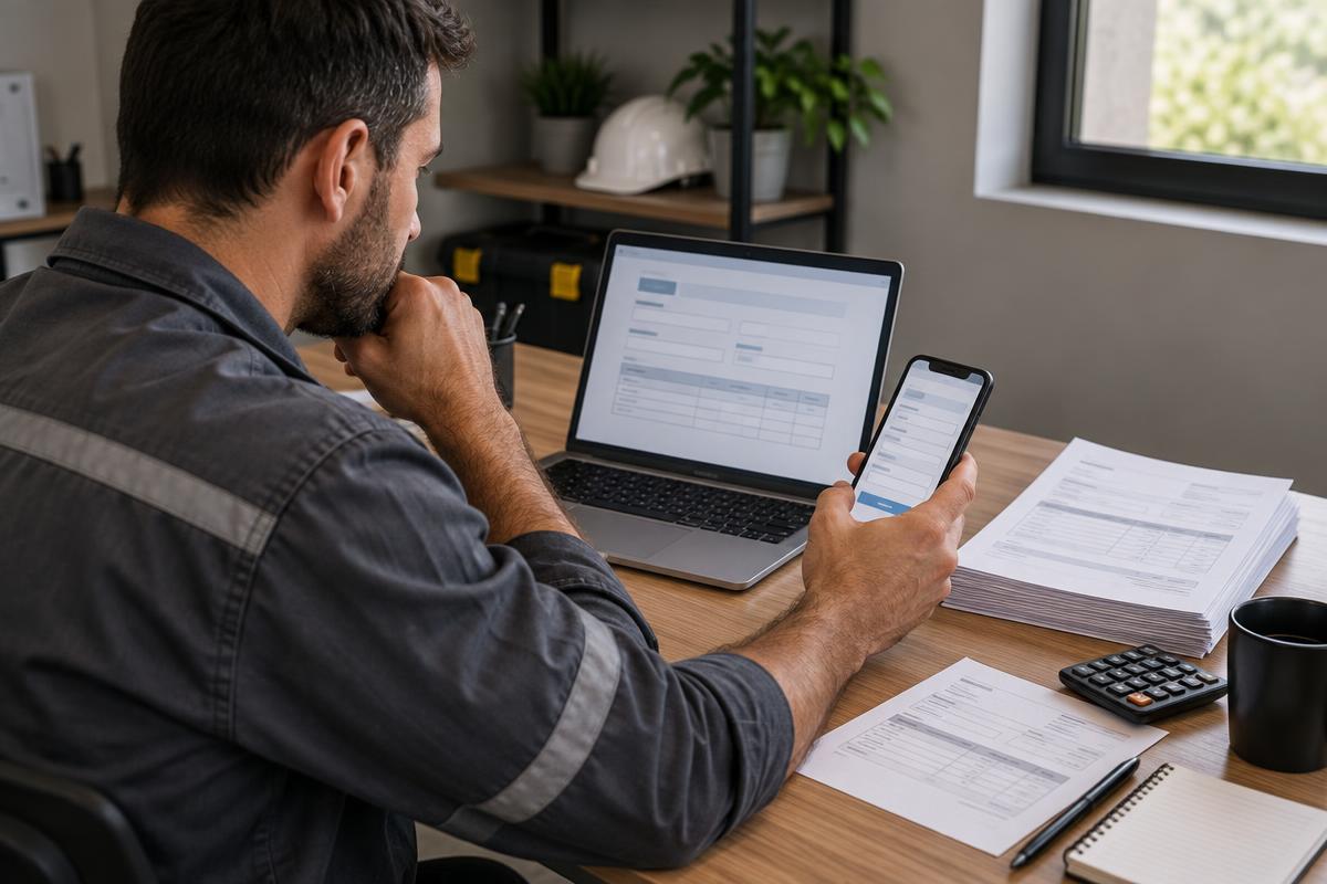 Técnico comparando emissor de nota fiscal em um notebook sobre balcão de assistência técnica.