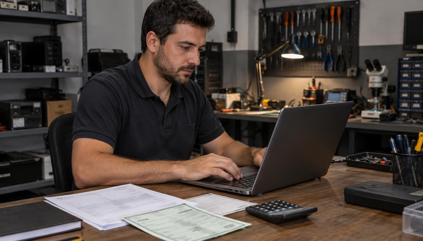 Técnico autônomo emitindo nota fiscal MEI no notebook dentro de uma oficina de assistência técnica.