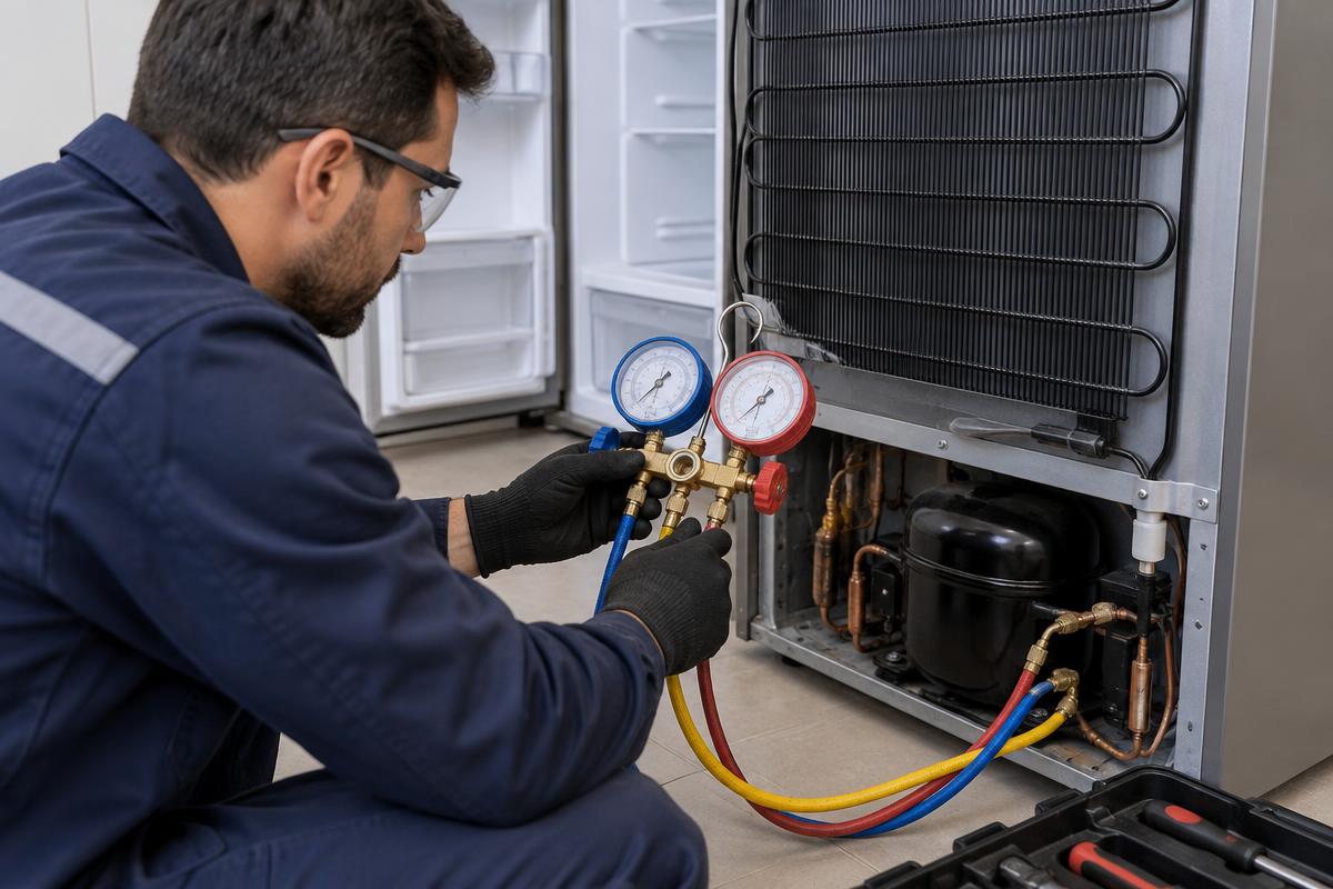 Técnico medindo pressão do sistema de refrigeração de uma geladeira frost free para laudo técnico.