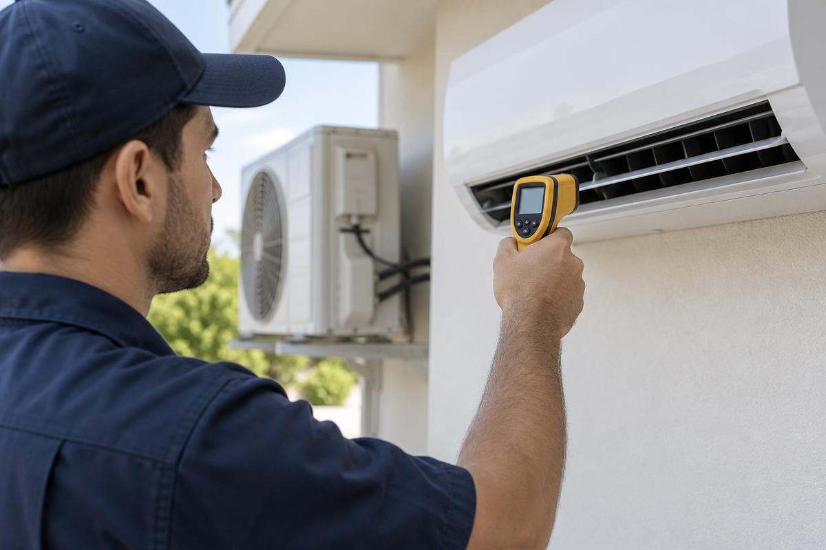 Técnico medindo temperatura de insuflação de ar-condicionado split com termômetro digital.