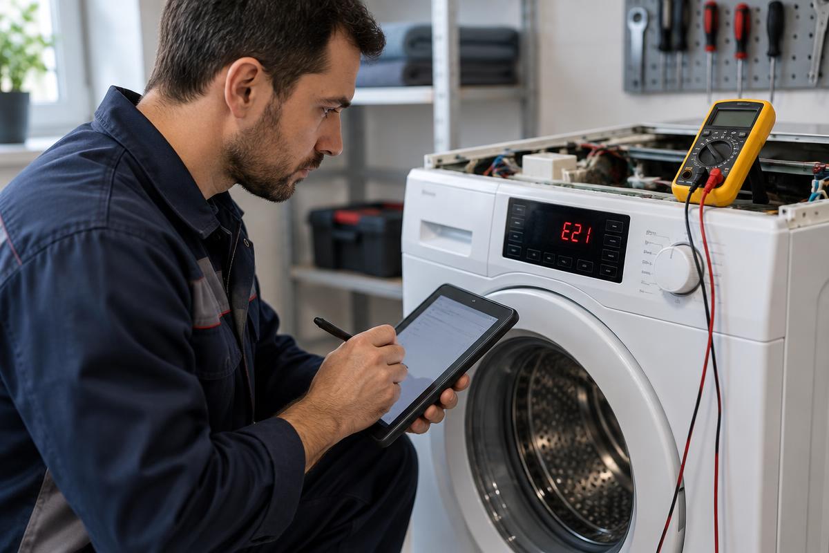 Técnico analisando display de lavadora com código de erro e anotando leituras em tablet para laudo técnico.