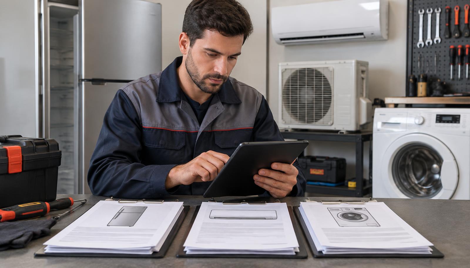 Técnico organizando laudos técnicos de geladeira, ar-condicionado e lavadora em tablet na oficina.