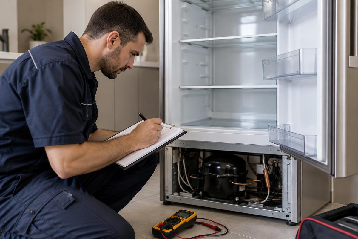 Técnico inspecionando uma geladeira e anotando observações para parecer técnico.