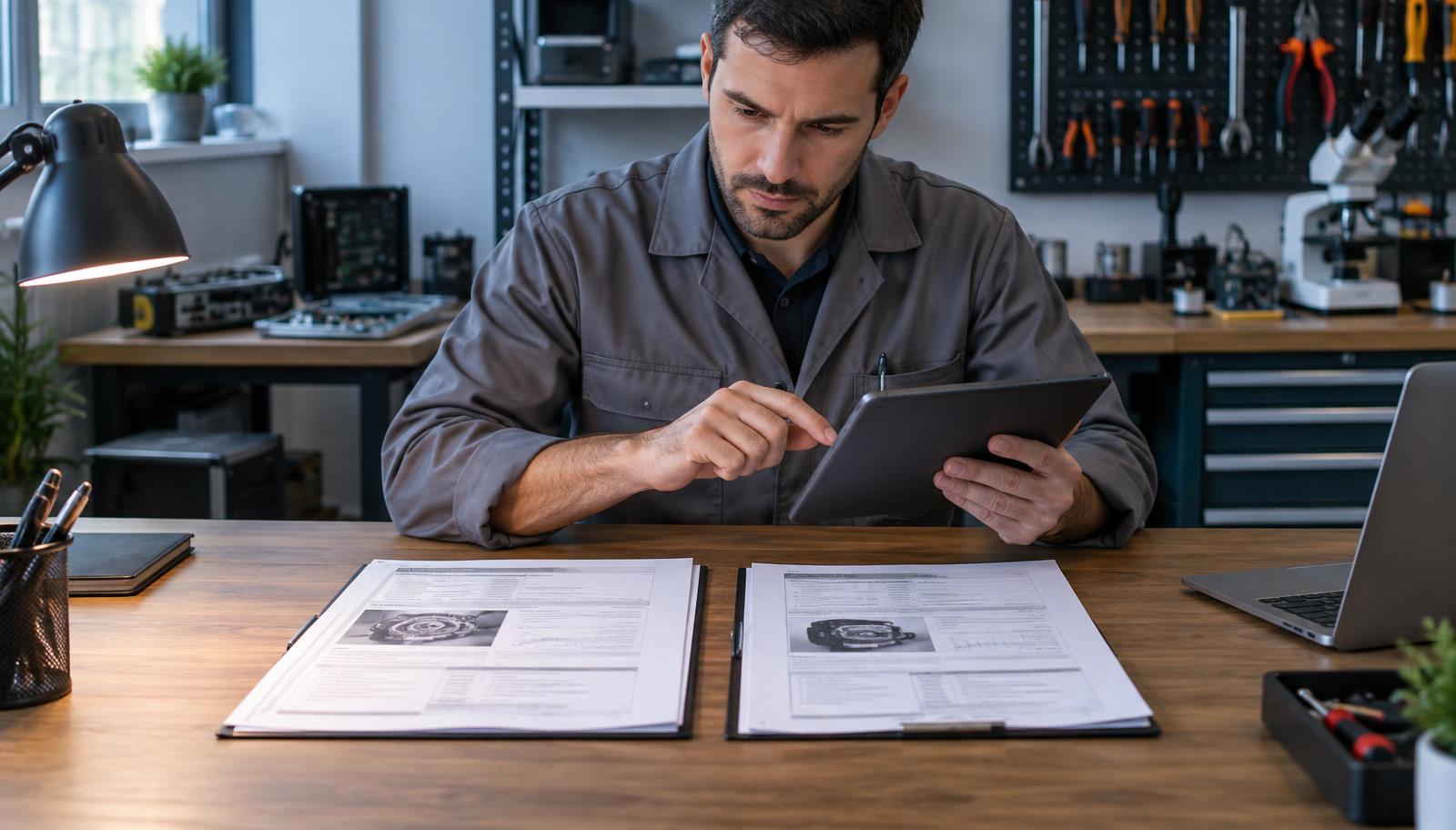 Técnico comparando parecer técnico e laudo técnico em documentos digitais sobre mesa de oficina.