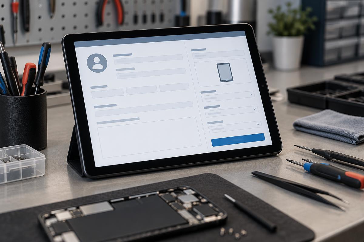 Tela de sistema mostrando ordem de serviço digital com dados do cliente, equipamento e status de atendimento.