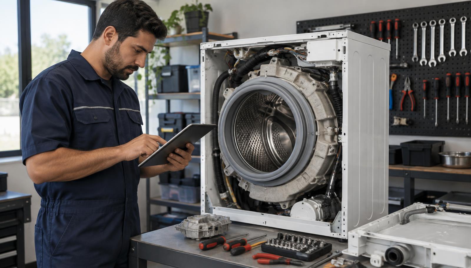 Técnico preenchendo ordem de serviço digital no tablet ao lado de uma geladeira aberta na cozinha do cliente.