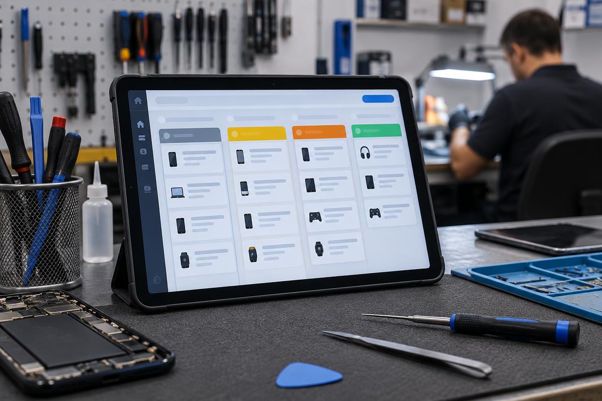 Mesa de assistência técnica com notebook aberto no sistema de gestão ao lado de planilha impressa e caderno de anotações.