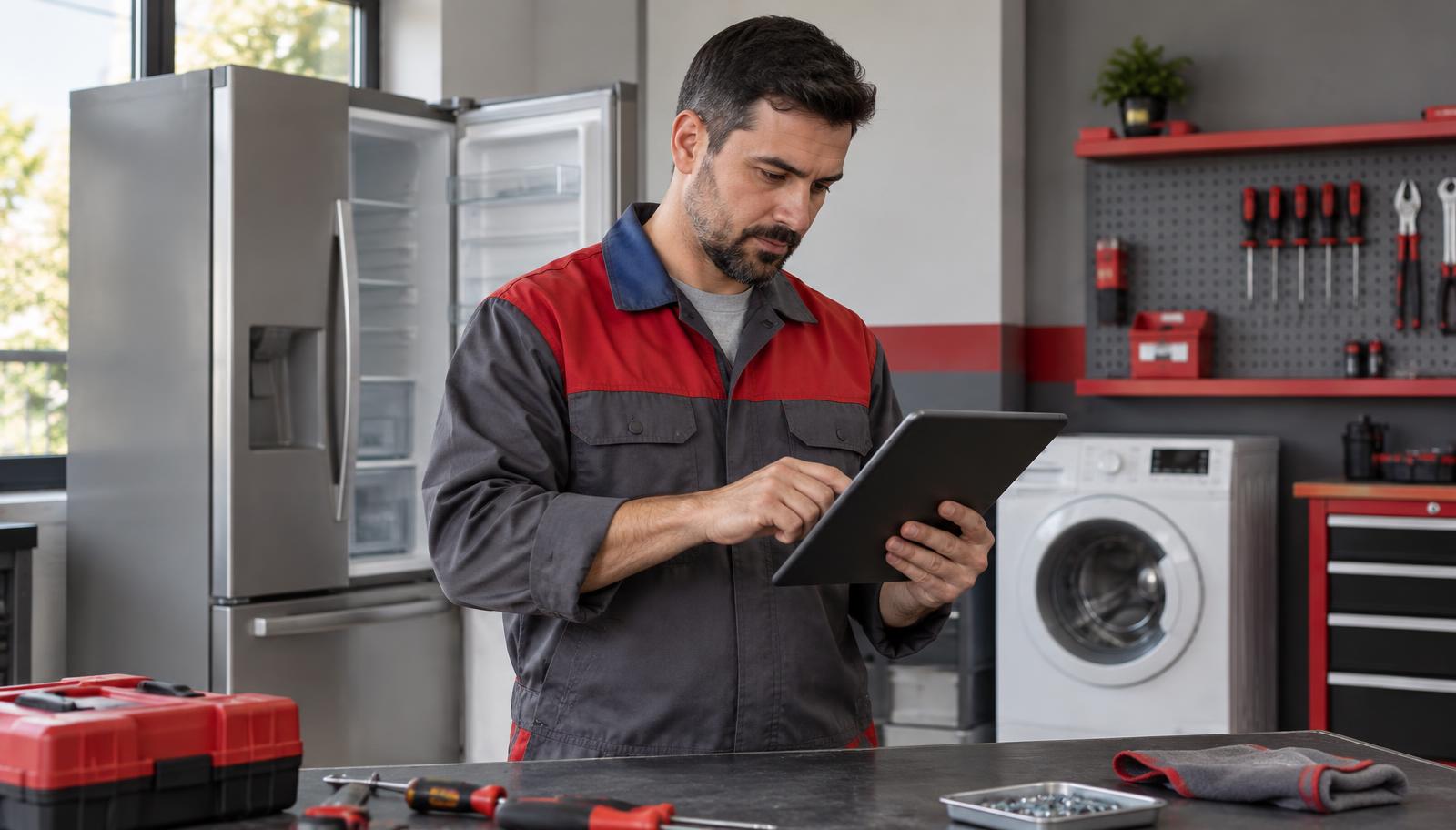 Técnico de refrigeração usando tablet com sistema de gestão ao lado de uma geladeira aberta em uma residência.