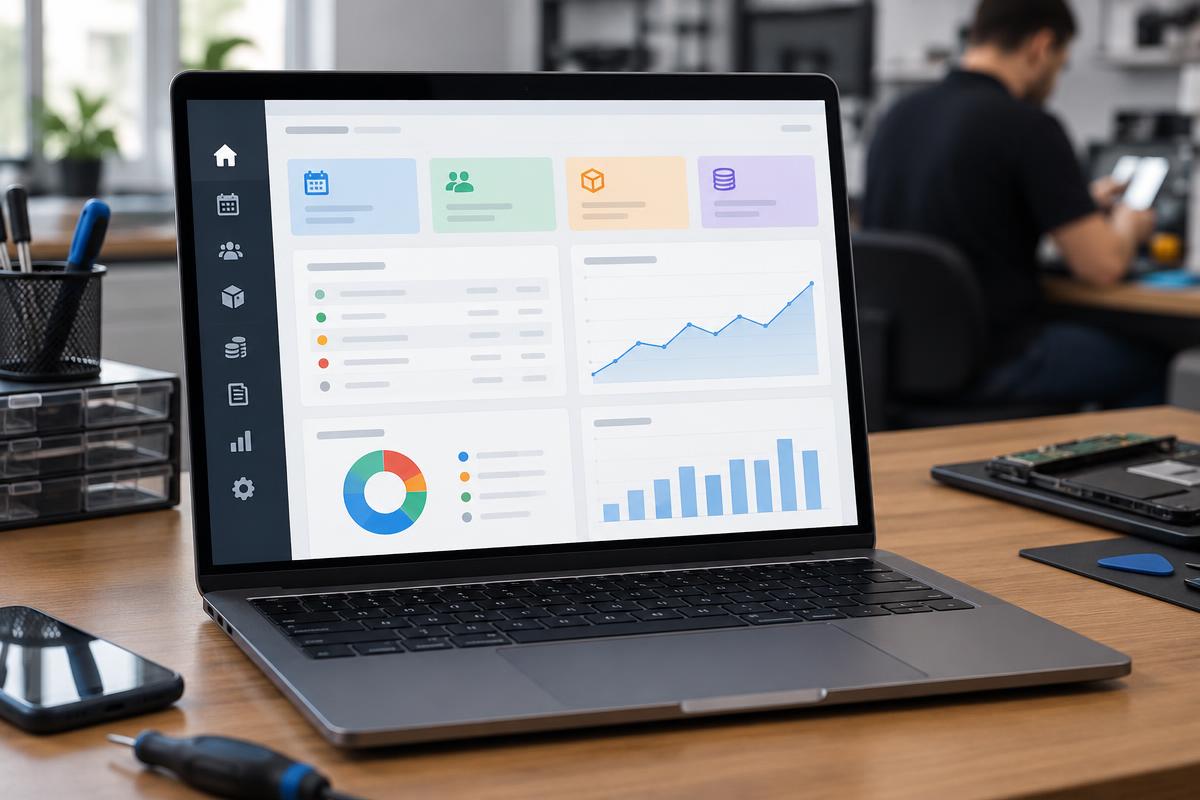 Tela de software de gestão financeira mostrando receitas, despesas e saldo do mês para assistência técnica.