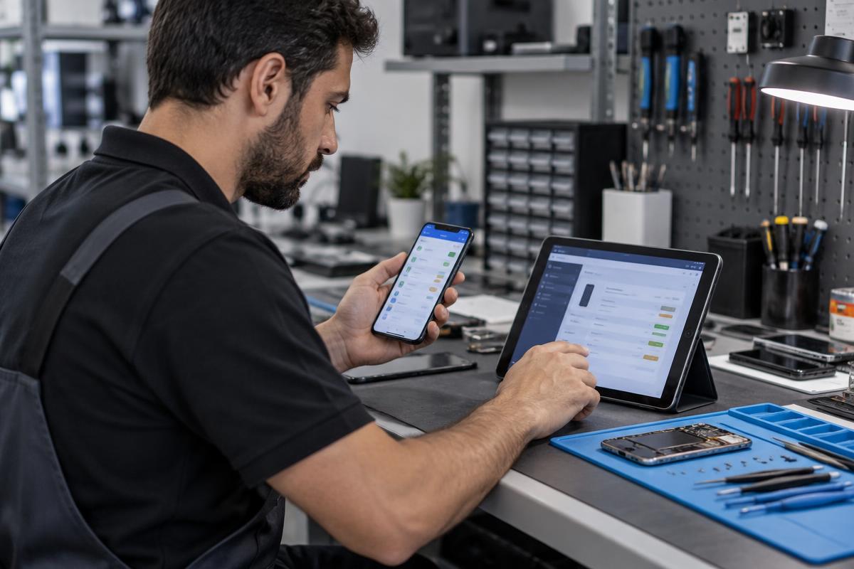 Técnico consultando estoque de peças no tablet dentro de uma oficina de assistência técnica.
