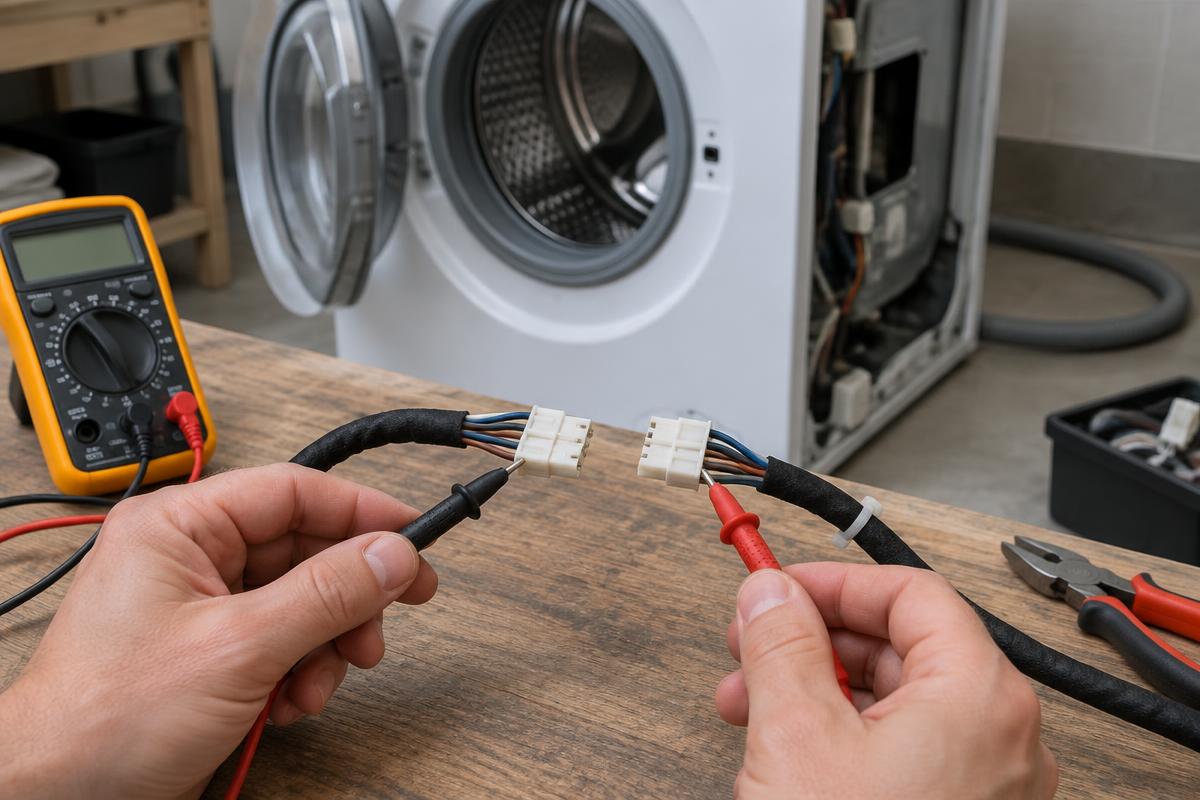 Pontas de prova testando a continuidade de um chicote de fios desconectado, com máquina de lavar aberta ao fundo