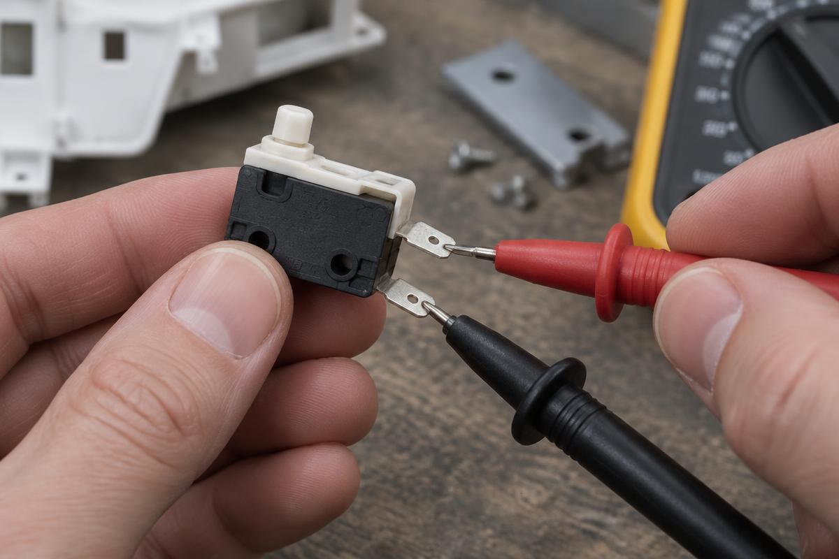 Pontas de prova tocando os terminais de uma micro-chave de porta retirada de uma máquina de lavar