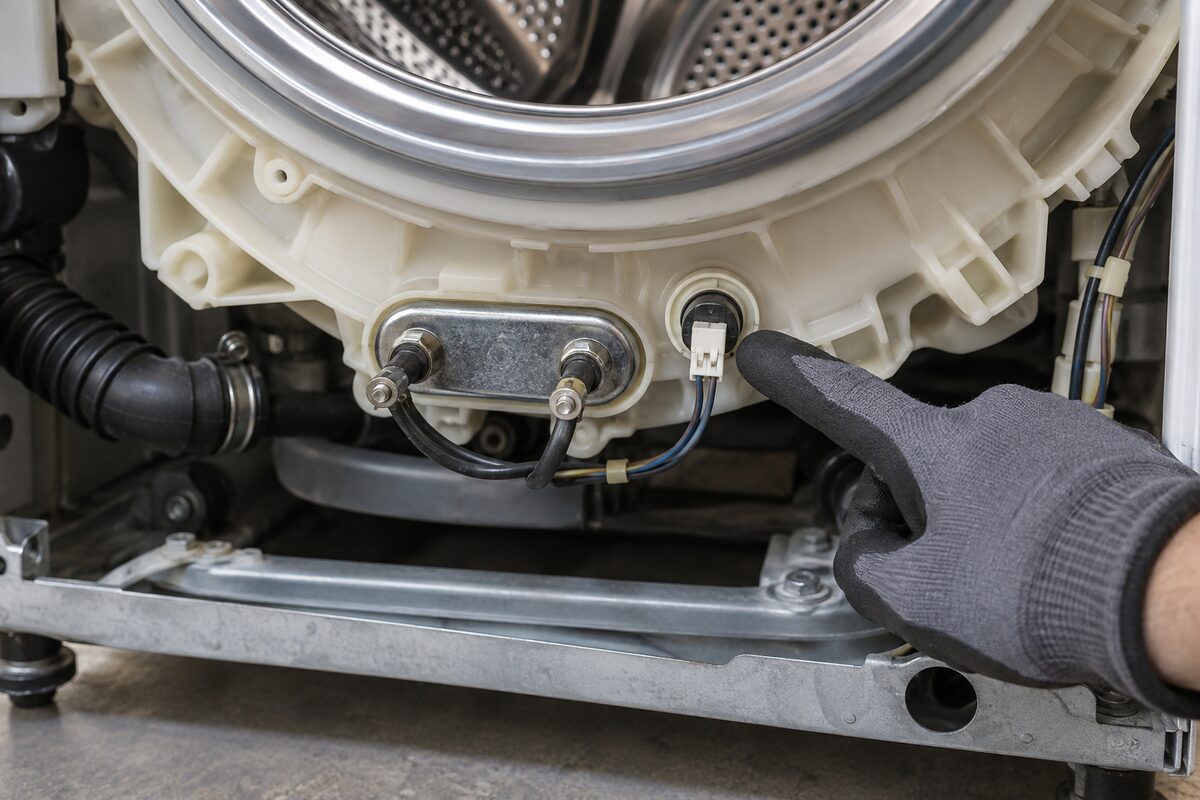 Sensor de temperatura conectado ao conjunto de aquecimento na parte inferior do tanque de uma lava e seca