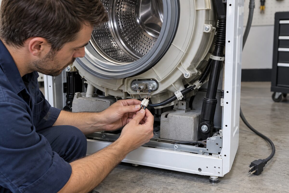 Técnico inspecionando o conector e o chicote do sensor de temperatura de uma lava e seca desligada