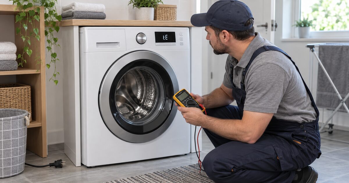 Técnico diagnosticando lava e seca frontal com o código tE exibido no painel