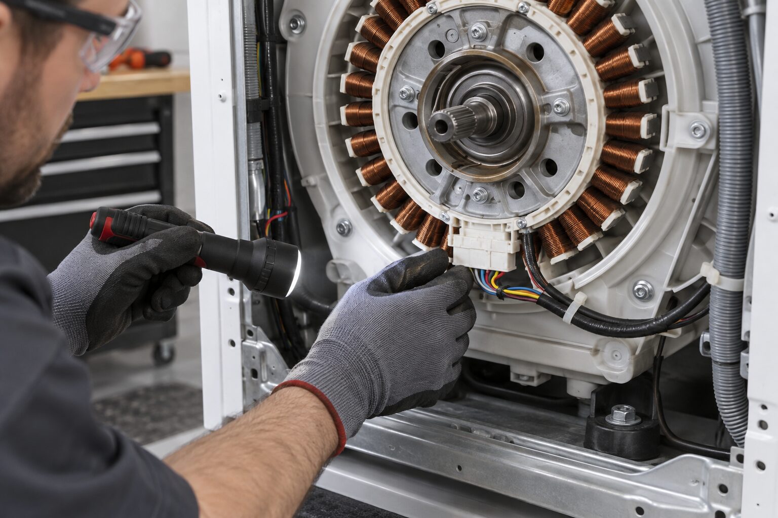 Técnico inspecionando conector do sensor Hall e chicote do motor de lava e seca