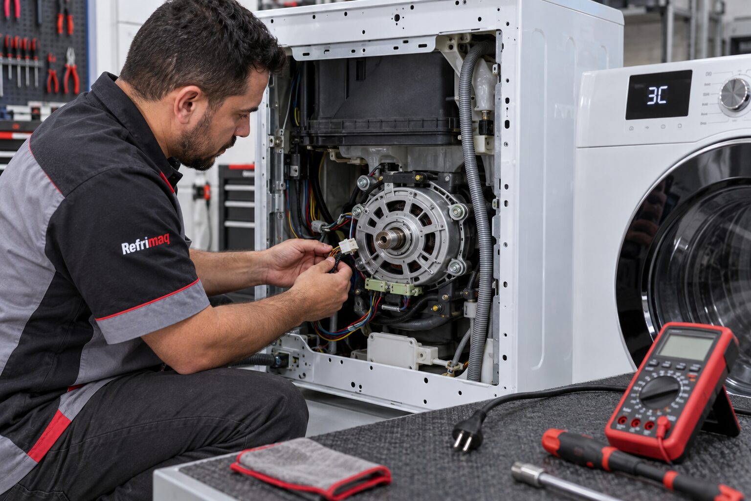 Técnico verificando motor e chicote de lava e seca Samsung após aparecer o erro 3C