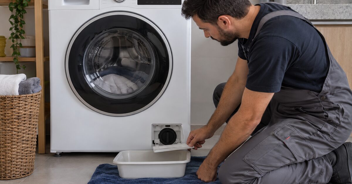 Técnico verificando o filtro de drenagem de lava e seca frontal com erro 5C no painel