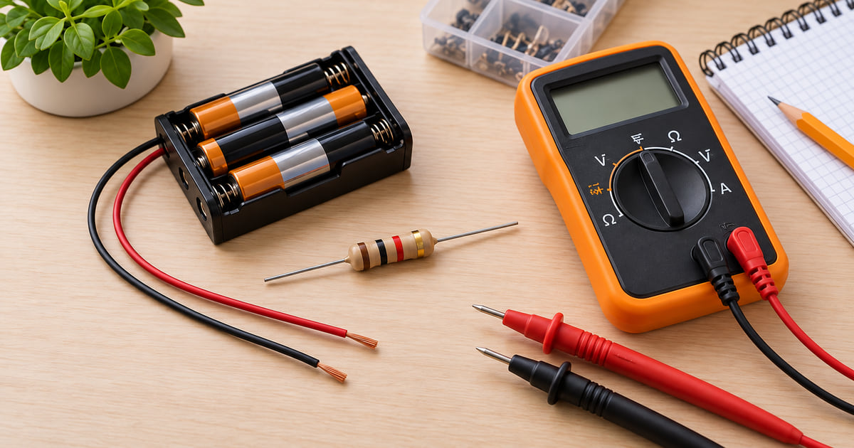 Resistor, fonte e instrumento em uma bancada didática de baixa tensão.