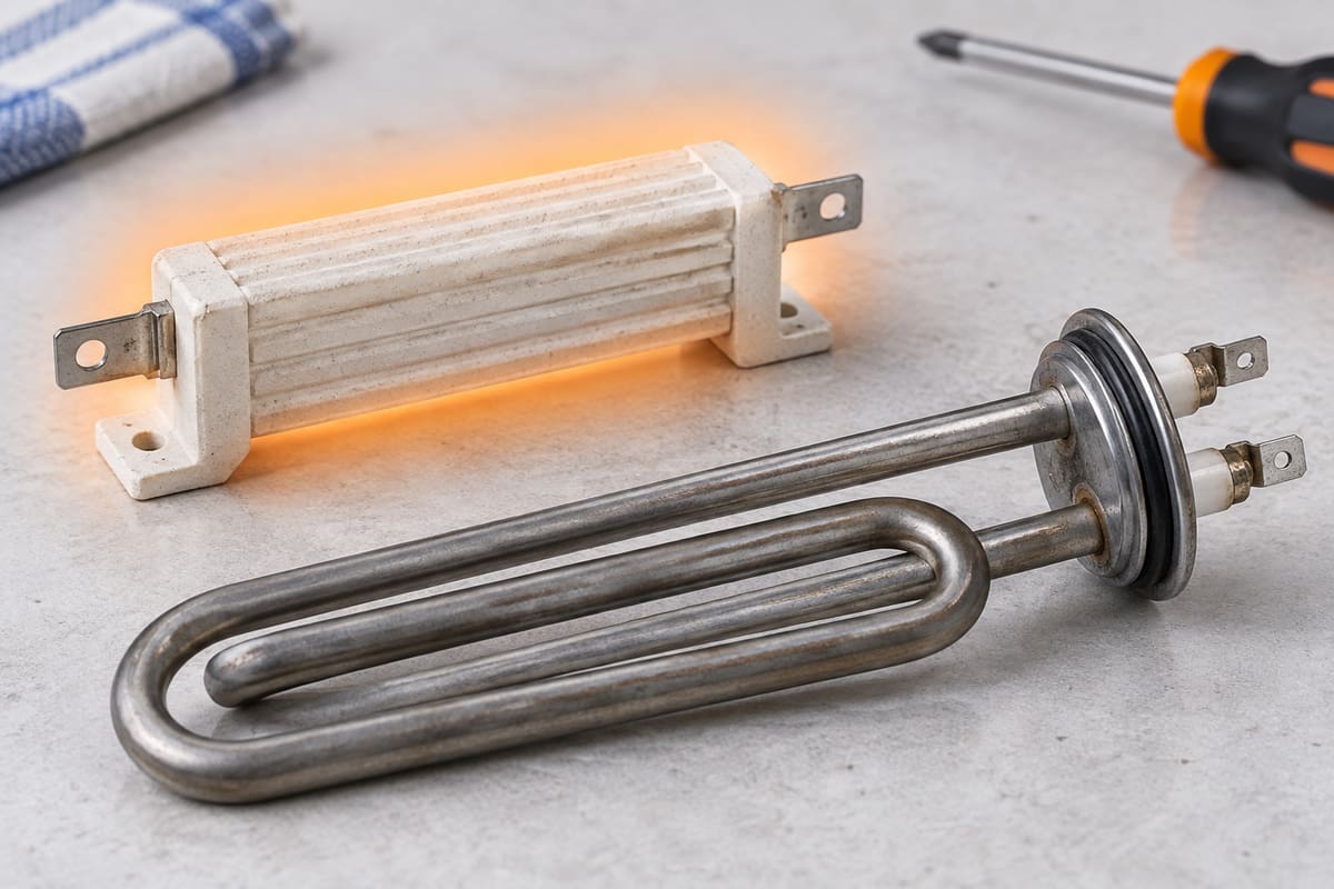 Resistor de potência e resistência tubular ilustram conversão de energia elétrica em calor.