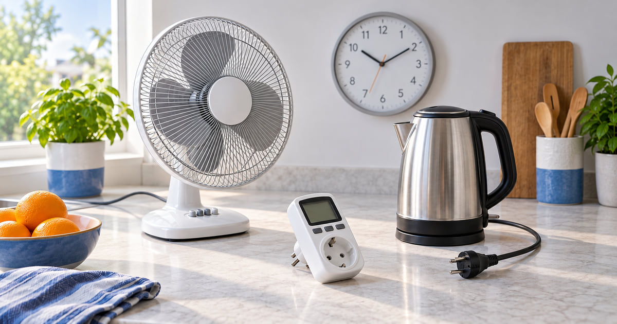 Aparelhos e medidor de energia ilustram a relação entre potência, tempo de funcionamento e consumo.