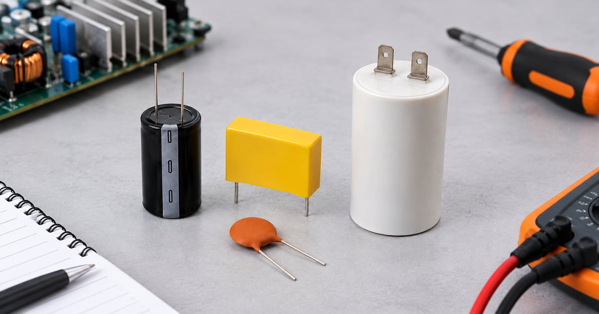 Capacitores eletrolíticos, de filme, cerâmicos e de aplicação em motores têm construções diferentes.