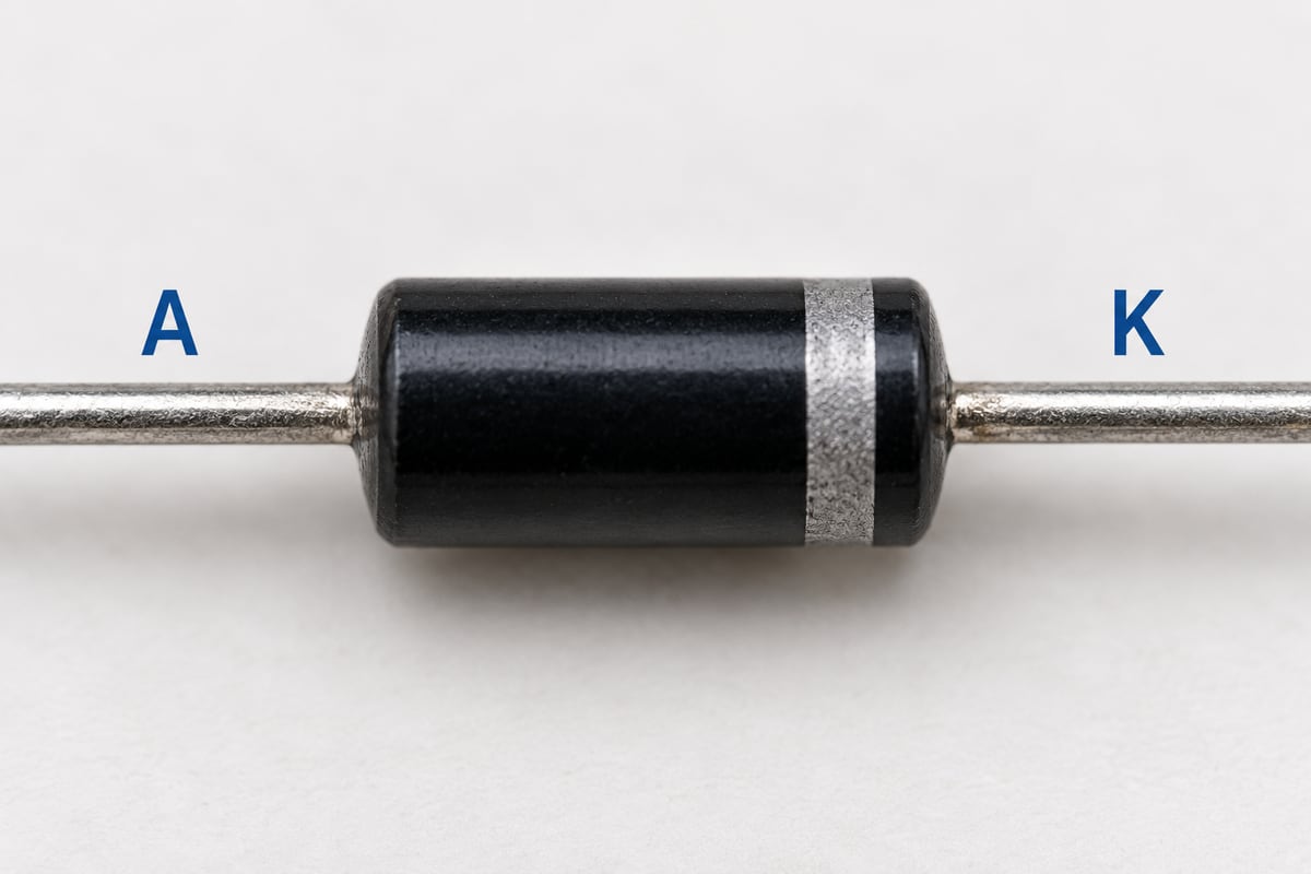 Neste exemplo axial, a faixa identifica o cátodo (K). Confirme a identificação prevista para a família.