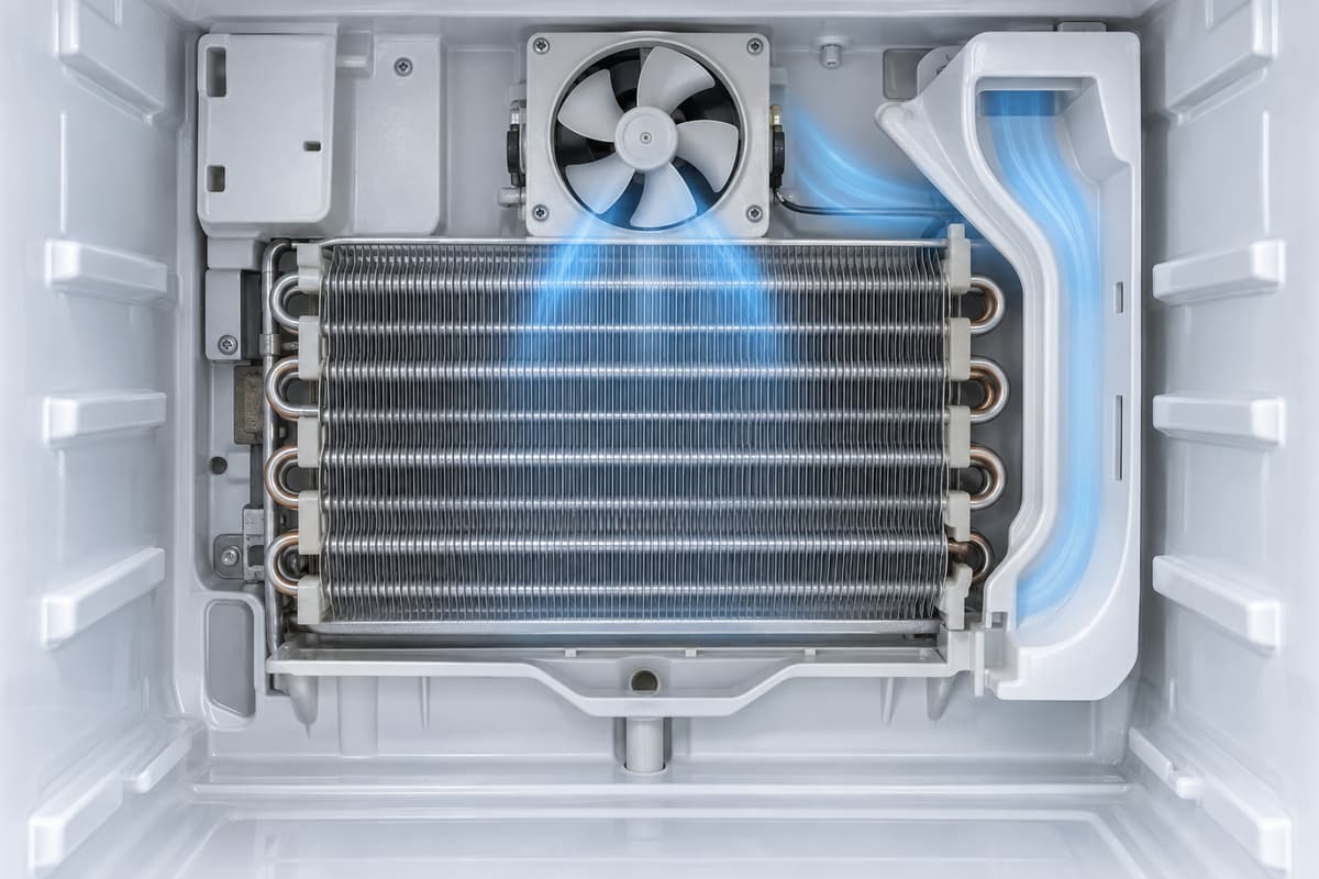 O ventilador movimenta o ar junto ao evaporador; o refrigerante circula dentro dos tubos.
