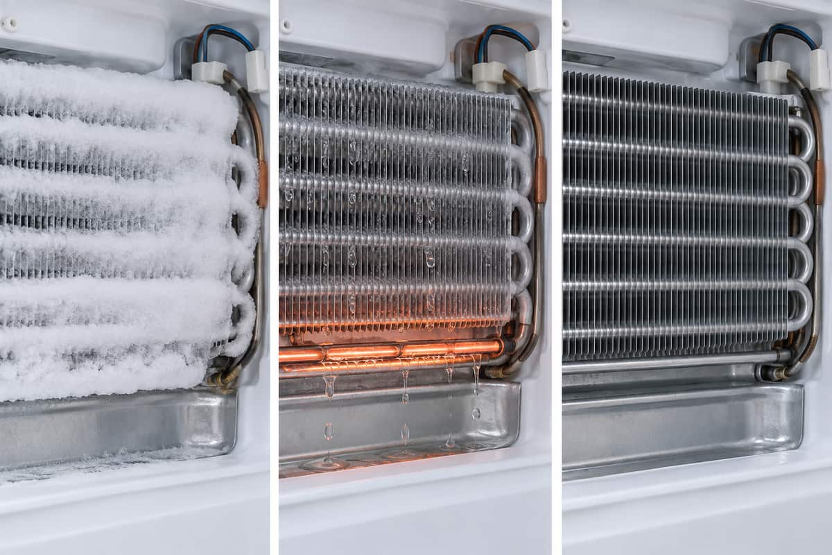Vistas conceituais do evaporador: formação de gelo, degelo previsto e retomada da refrigeração.