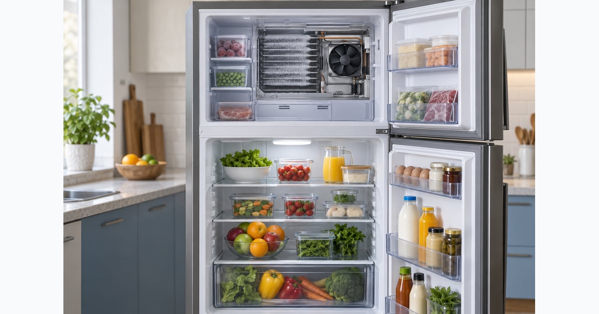 Refrigerador frost free em corte ilustrativo, com evaporador e circulação de ar separados dos alimentos.