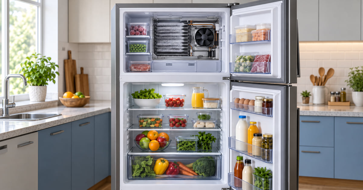 Refrigerador frost free em corte ilustrativo, com evaporador e circulação de ar separados dos alimentos.